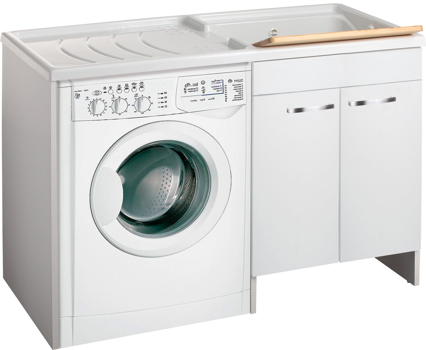 Negrari Classica Lavatoio Coprilavatrice Montato Vasca Destra Lavatrice Sinistra Bianco Ante Battenti Arrotondate Chiusura Rallentata Mobile Nobilitato Idrofugo Lavabo Polipropilene Termoformatura Asse Pino Interno Maniglie Cromo L124 P60 124x60 H92 cm 