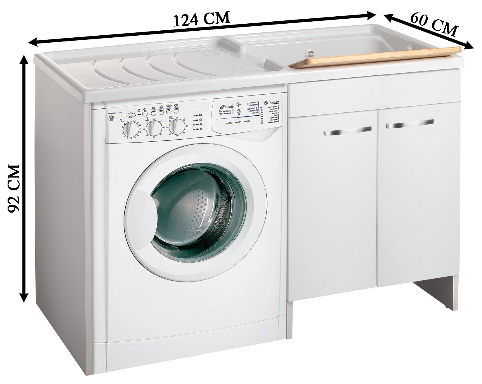 Negrari Classica Lavatoio Coprilavatrice Montato Vasca Destra Lavatrice Sinistra Bianco Anta Battente Arrotondate Cerniere Chiusura Rallentata Cestello Mobile Nobilitato Idrofugo Lavabo Polipropilene Asse Pino Interno Maniglie Cromo L124 P60 124x60 H92 cm