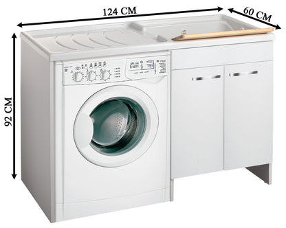 Negrari Classica Lavatoio Coprilavatrice Montato Vasca Destra Lavatrice Sinistra Bianco Anta Battente Arrotondate Cerniere Chiusura Rallentata Cestello Mobile Nobilitato Idrofugo Lavabo Polipropilene Asse Pino Interno Maniglie Cromo L124 P60 124x60 H92 cm