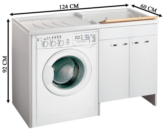 Negrari Classica Lavatoio Coprilavatrice Montato Vasca Destra Lavatrice Sinistra Bianco Anta Battente Arrotondate Cerniere Chiusura Rallentata Cestello Mobile Nobilitato Idrofugo Lavabo Polipropilene Asse Pino Interno Maniglie Cromo L124 P60 124x60 H92 cm