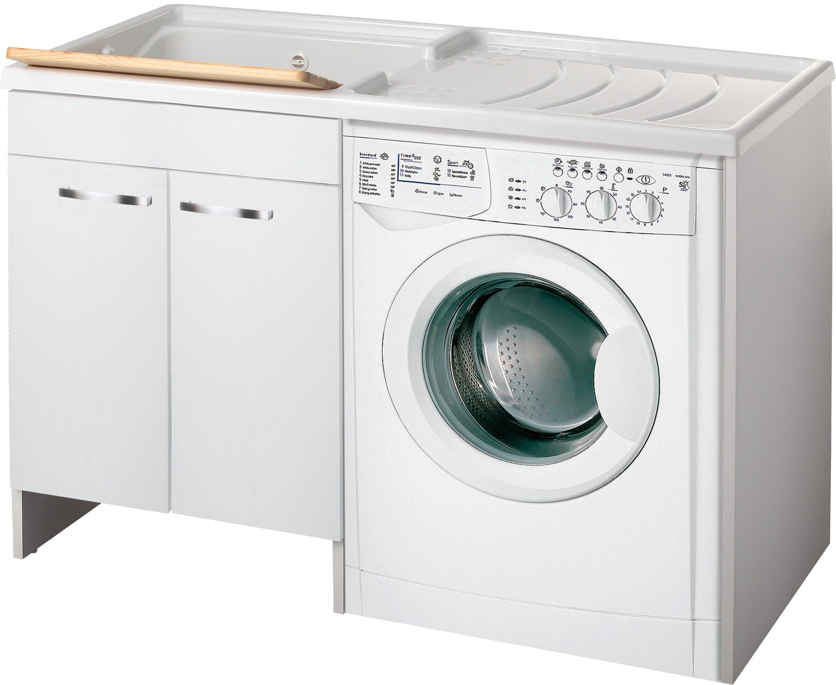 Negrari Classica Lavatoio Coprilavatrice Montato Vasca Sinistra Lavatrice Destra Bianco Ante Battenti Arrotondate Chiusura Rallentata Mobile Nobilitato Idrofugo Lavabo Polipropilene Termoformatura Asse Pino Interno Maniglie Cromo L124 P60 124x60 H92 cm 