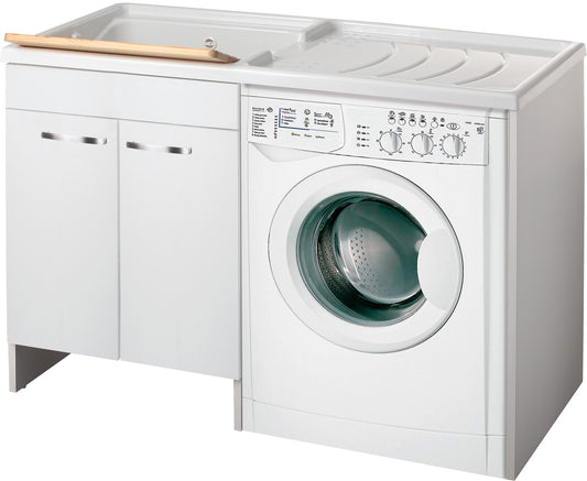 Negrari Classica Lavatoio Coprilavatrice Montato Vasca Sinistra Lavatrice Destra Bianco Ante Battenti Arrotondate Chiusura Rallentata Mobile Nobilitato Idrofugo Lavabo Polipropilene Termoformatura Asse Pino Interno Maniglie Cromo L124 P60 124x60 H92 cm 