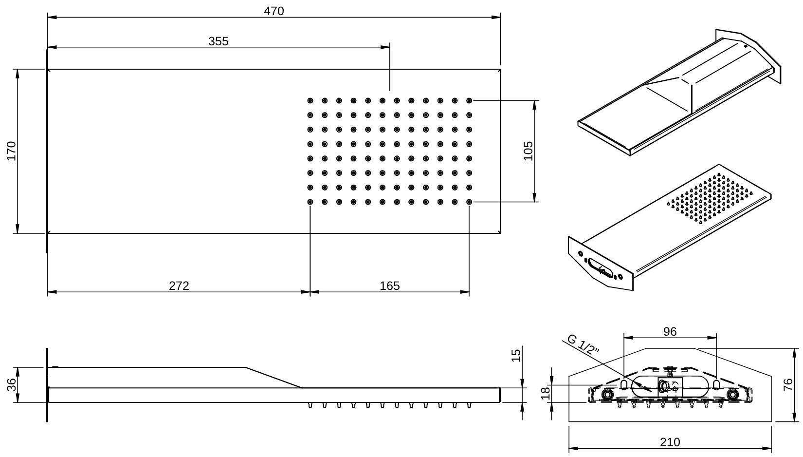 Rubinetterie Treemme 3M 22mm IT RTBR 382 IS Soffione Doccia Rettangolare A Mensola A Parete 470x170 mm Uscita Acqua a Pioggia Stile Moderno Materiale Acciaio Finitura Acciaio Spazzolato Opaco Inox