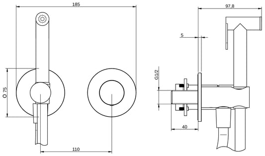 Rubinetterie Treemme 3M 28mm RWIT 3BD4 IS 30 + RWIT 51A5 ZZ 01 Miscelatore Incasso Idroscopino Per WC Con Doccetta Tonda in Metallo Flessibile in PVC 1 Metro 2 Fori 1 Manopola Liscia Parte Interna e Esterna Incluse Acciaio Inox Spazzolato Opaco