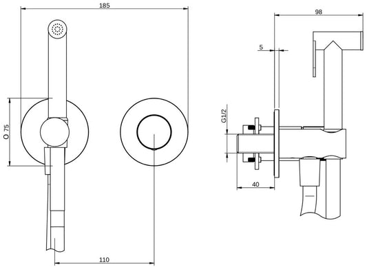 Rubinetterie Treemme 3M 28mm RWIT 3BD4 IS 35 + RWIT 51A5 ZZ 01 Miscelatore Incasso Idroscopino Per WC Con Doccetta Tonda in Metallo Flessibile in PVC 1 Metro 2 Fori 1 Manopola Zigrinata Strisce Parte Interna e Esterna Incluse Acciaio Inox Spazzolato Opaco
