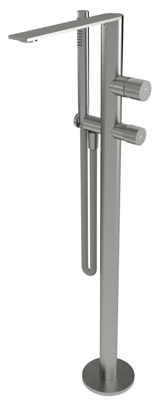 Rubinetterie Treemme 3M 3.6 RWIT 9A03 IS 50 + RWIT 4A62 ZZ 50 Miscelatore Vasca Da Terra a Pavimento Miscelazione Meccanica Monoforo 2 Manopole Con Doccetta Acciaio Inox Spazzolato Opaco Altezza 849 mm Profondità 225 mm Parte Interna Esterna Inclusa 