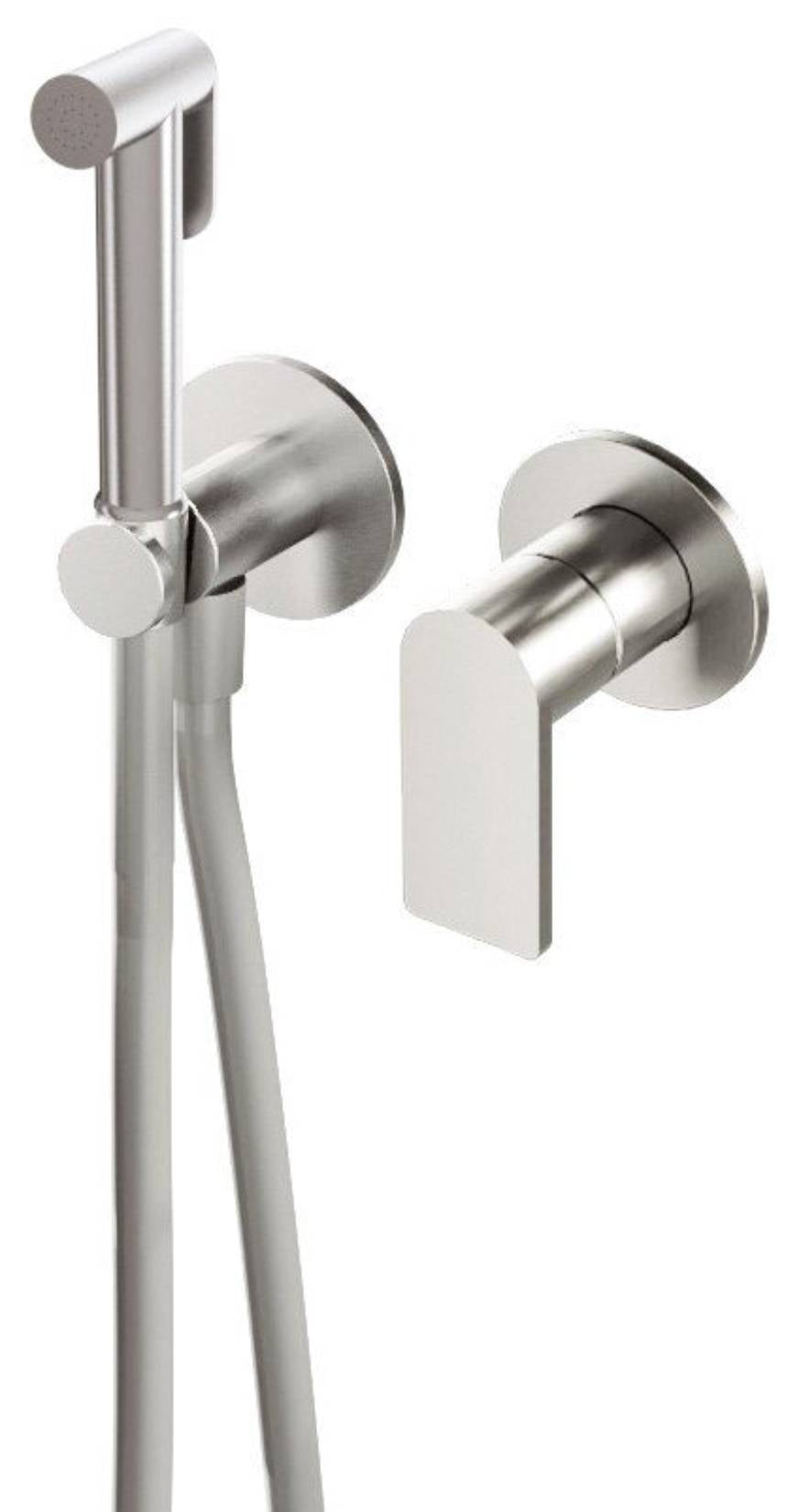 Rubinetterie Treemme 3M 3.6 RWIT 9AD4 IS 30 + RWIT 51A5 ZZ 01 Miscelatore Incasso Idroscopino Per WC Con Doccetta Tonda Flessibile in PVC 1 Metro 2 Fori 1 Leva Parte Interna e Esterna Incluse Acciaio Inox Spazzolato Opaco