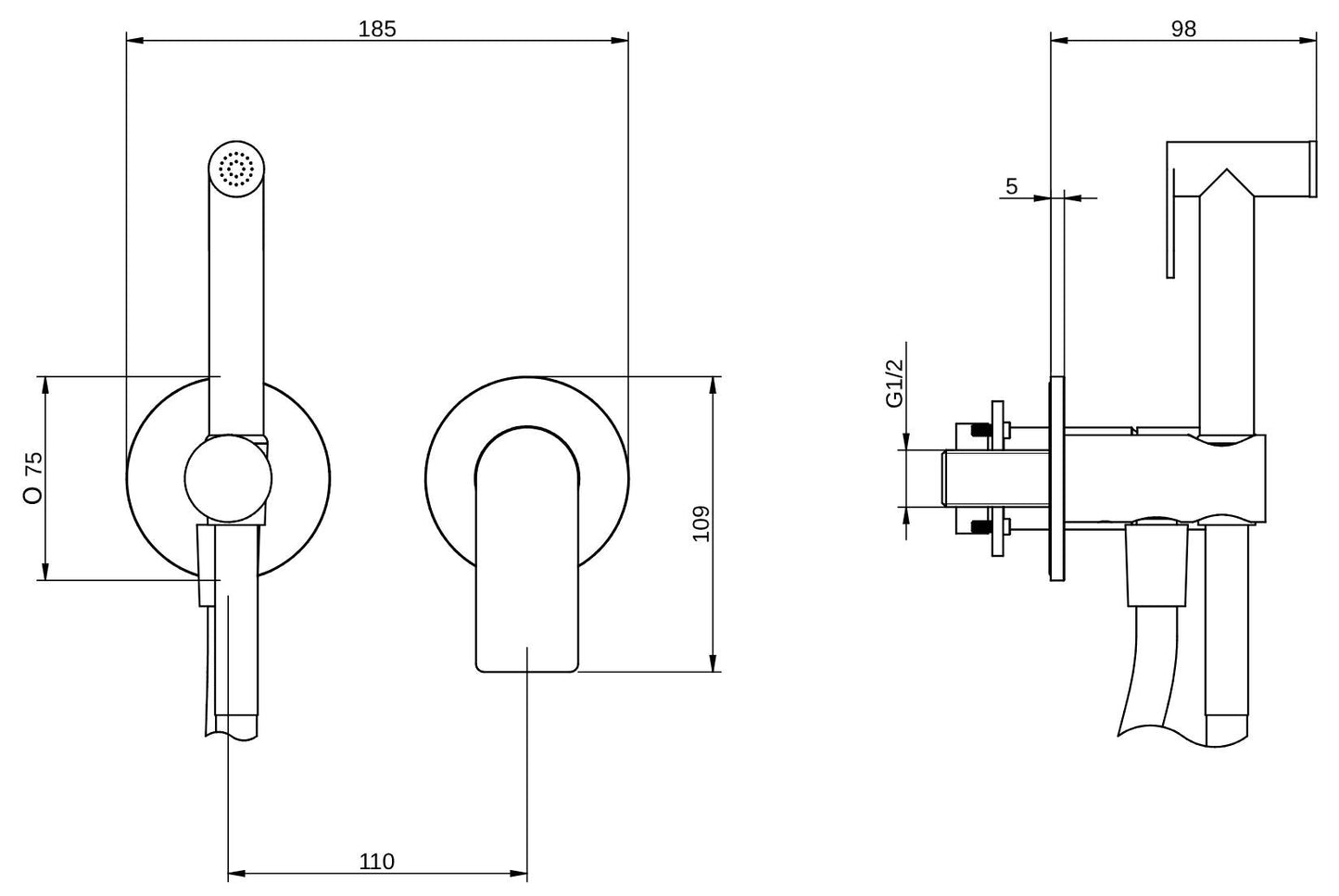 Rubinetterie Treemme 3M 3.6 RWIT 9AD4 IS 30 + RWIT 51A5 ZZ 01 Miscelatore Incasso Idroscopino Per WC Con Doccetta Tonda Flessibile in PVC 1 Metro 2 Fori 1 Leva Parte Interna e Esterna Incluse Acciaio Inox Spazzolato Opaco