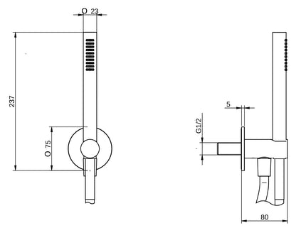 Rubinetterie Treemme 3M 40mm RWIT 2847 IS 20 Duplex Kit Gancio Presa Acqua Parete Doccetta Forma Tonda Materiale Acciaio Finitura Inox Spazzolato Opaco Flessibile PVC Portata 8 Litri Al Minuto