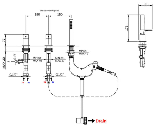 Rubinetterie Treemme 3M Albatros IT 4C69 CC AS ZZ Miscelatore Batteria Bordo Vasca Installazione ad Appoggio Miscelazione Meccanica 3 Fori Stile Moderno Ottone Cromato 2 Leve Manopole Doccetta Estraibile a Mano in Metallo Flessibile PVC Senza Bocca
