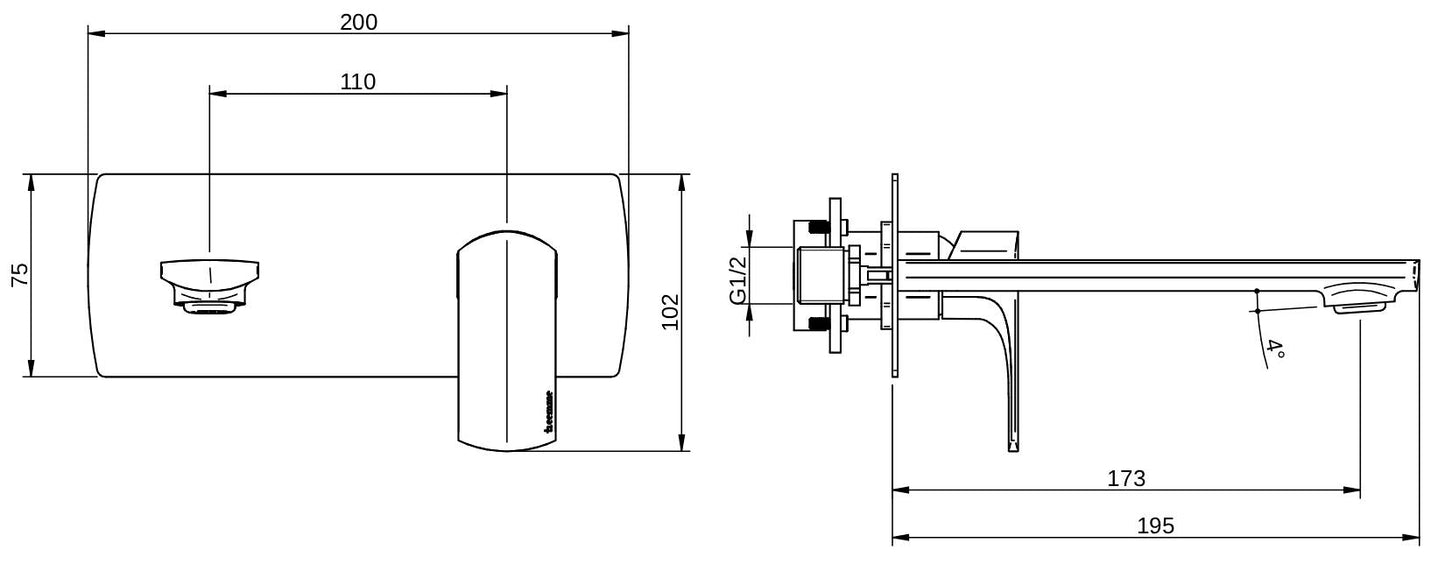 Rubinetterie Treemme 3M Albatros RWIT 4CA5 CC 01 + RWIT 51A5 ZZ 01 Miscelatore Lavabo Incasso a Muro 173 mm 2 Fori 1 Manopola Miscelazione Meccanica Con Piastra Stile Moderno Profondità 195 mm Parte Interna Esterna Incluse Ottone Cromato