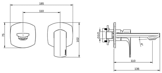 Rubinetterie Treemme 3M Albatros RWIT 4CC5 CC BC + RWIT 51A5 ZZ 01 Miscelatore Lavabo Incasso Muro 110mm 2 Fori 1 Manopola Miscelazione Meccanica Senza Piastra Stile Moderno Profondità 136mm Parte Interna Esterna Incluse Materiale Ottone Finitura Cromata