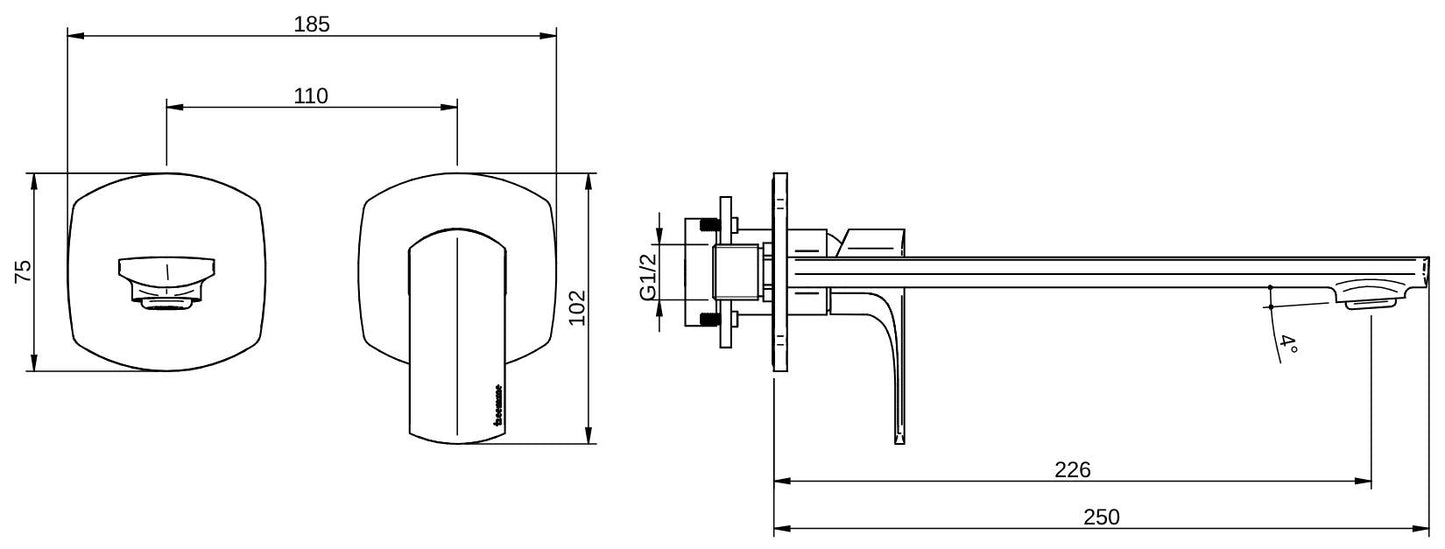 Rubinetterie Treemme 3M Albatros RWIT 4CC6 CC 01 + RWIT 51A5 ZZ 01 Miscelatore Lavabo Incasso Muro 226 mm 2 Fori 1 Manopola Miscelazione Meccanica Senza Piastra Stile Moderno Profondità 250 mm Parte Interna Esterna Incluse Ottone Cromato