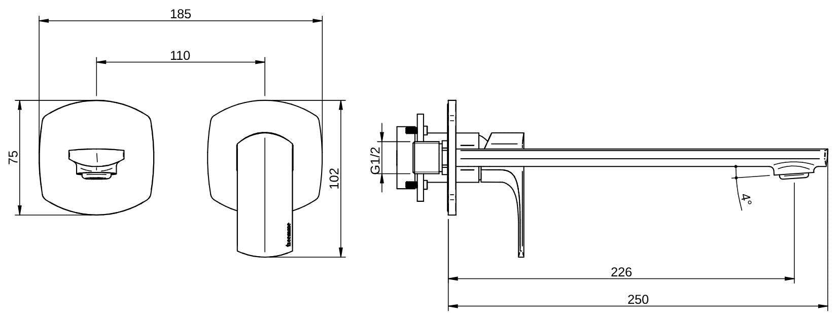 Rubinetterie Treemme 3M Albatros RWIT 4CC6 CC 01 + RWIT 51A5 ZZ 01 Miscelatore Lavabo Incasso Muro 226 mm 2 Fori 1 Manopola Miscelazione Meccanica Senza Piastra Stile Moderno Profondità 250 mm Parte Interna Esterna Incluse Ottone Cromato