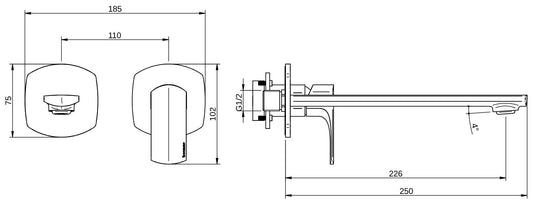 Rubinetterie Treemme 3M Albatros RWIT 4CC6 CC 01 + RWIT 51A5 ZZ 01 Miscelatore Lavabo Incasso Muro 226 mm 2 Fori 1 Manopola Miscelazione Meccanica Senza Piastra Stile Moderno Profondità 250 mm Parte Interna Esterna Incluse Ottone Cromato