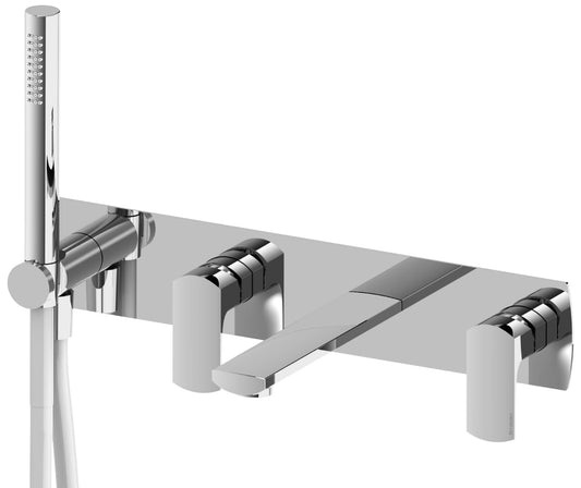 Rubinetterie Treemme 3M Albatros RWIT 4CD7 CC 01 + RWIT 51D7 ZZ 12 Miscelatore Vasca / Doccia Incasso Muro Meccanico Parte Interna Esterna Inclusa 4 Fori Con Piastra Staffa Cartongesso Ottone Cromato 2 Leve Stile Moderno Doccetta Flessibile