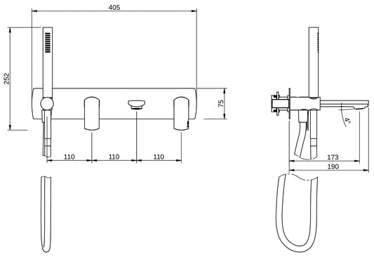 Rubinetterie Treemme 3M Albatros RWIT 4CD7 CC 01 + RWIT 51D7 ZZ 12 Miscelatore Vasca / Doccia Incasso Muro Meccanico Parte Interna Esterna Inclusa 4 Fori Con Piastra Staffa Cartongesso Ottone Cromato 2 Leve Stile Moderno Doccetta Flessibile