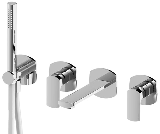 Rubinetterie Treemme 3M Albatros RWIT 4CD8 CC 01 + RWIT 51D7 ZZ 12 Miscelatore Vasca / Doccia Incasso Muro Meccanico Parte Interna Esterna Inclusa 4 Fori Senza Piastra Staffa Cartongesso Ottone Cromato 2 Leve Stile Moderno Doccetta Flessibile