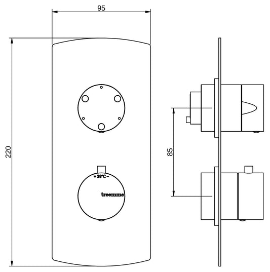 Rubinetterie Treemme 3M Albatros RWIT 8A72 CC AS + RWIT 8A46 ZZ 20 Miscelatore Doccia Termostatico Incasso 3 Uscite Parete 2 Fori 2 Manopole Parte Interna Esterna Incluse Stile Moderno Con Piastra Materiale Ottone Finitura Cromata