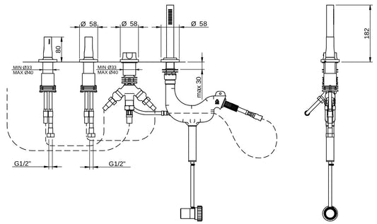 Rubinetterie Treemme 3M Appia IT 3C70 CC AO ZZ Miscelatore Batteria Bordo Vasca Senza Bocca Installazione ad Appoggio Miscelazione Meccanica 4 Fori Stile Classico Contemporaneo Ottone Cromato 3 Manopole Doccetta Estraibile a Mano in Metallo Flessibile PVC