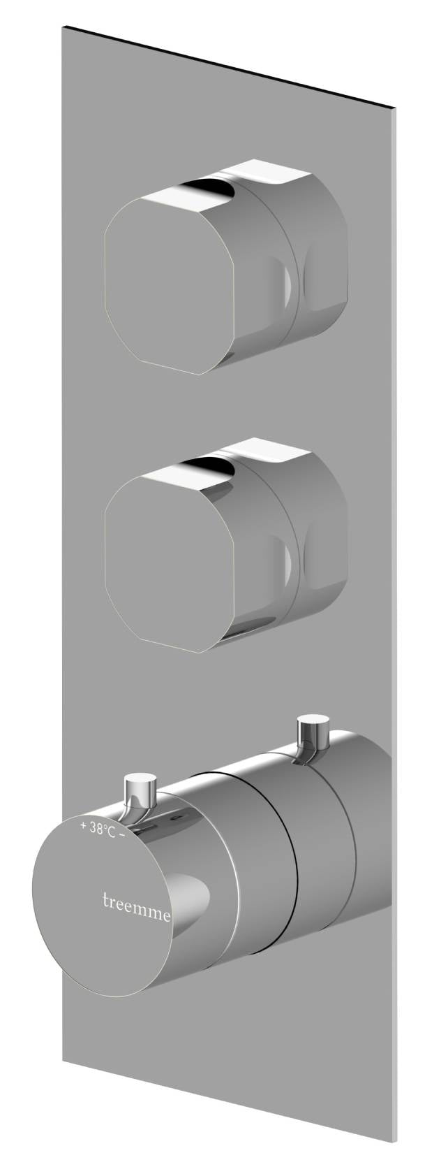 Rubinetterie Treemme 3M Appia RWIT 3C86 CC AO + RWIT 7286 ZZ 30 Miscelatore Doccia Termostatico Incasso 2 Uscite Parete 3 Fori 3 Manopole Parte Interna Esterna Incluse Stile Classico Contemporaneo Con Piastra Materiale Ottone Finitura Cromata