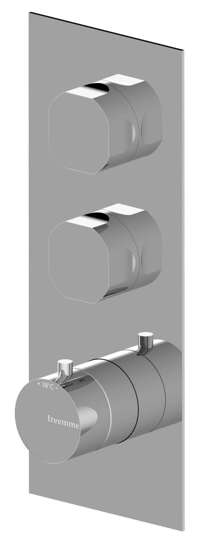 Rubinetterie Treemme 3M Appia RWIT 3C86 CC AO + RWIT 7286 ZZ 30 Miscelatore Doccia Termostatico Incasso 2 Uscite Parete 3 Fori 3 Manopole Parte Interna Esterna Incluse Stile Classico Contemporaneo Con Piastra Materiale Ottone Finitura Cromata