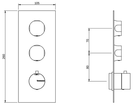 Rubinetterie Treemme 3M Appia RWIT 3C86 CC AO + RWIT 7286 ZZ 30 Miscelatore Doccia Termostatico Incasso 2 Uscite Parete 3 Fori 3 Manopole Parte Interna Esterna Incluse Stile Classico Contemporaneo Con Piastra Materiale Ottone Finitura Cromata