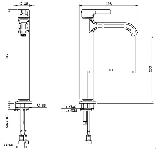 Rubinetterie Treemme 3M Aurelia IT 2C18 CC AU ZZ Miscelatore Monocomando Lavabo Alto 230 Da Appoggio Monoforo 1 Manopola Miscelazione Meccanica Stile Classico Contemporaneo Altezza 317 mm Profondità 198 mm Materiale Ottone Finitura Cromata