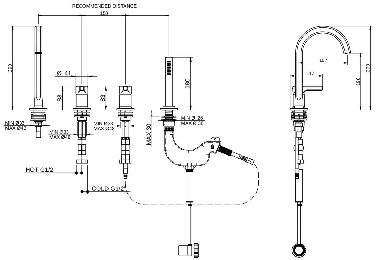Rubinetterie Treemme 3M Aurelia IT 2C68 CC AU ZZ Miscelatore Batteria Bordo Vasca Installazione ad Appoggio Miscelazione Meccanica 4 Fori Stile Classico Contemporaneo Ottone Cromato 2 Leve Manopole Doccetta Estraibile a Mano in Metallo Flessibile PVC