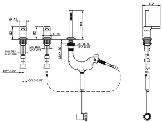 Rubinetterie Treemme 3M Aurelia IT 2C69 CC AU ZZ Batteria Bordo Vasca Installazione Appoggio Miscelazione Meccanica 3 Fori Stile Classico Contemporaneo Ottone Cromato 2 Leve Manopole Doccetta Estraibile Mano Metallo Senza Bocca Flessibile PVC