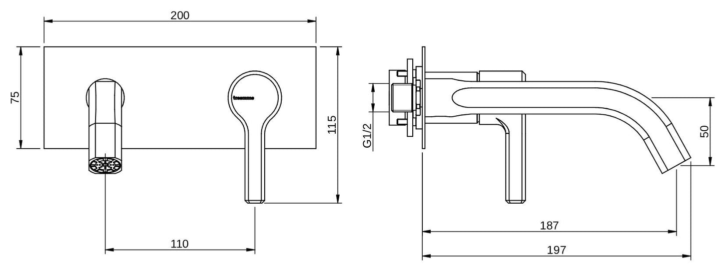 Rubinetterie Treemme 3M Aurelia RWIT 2CA5 CC 01 + RWIT 51A5 ZZ 01 Miscelatore Lavabo a Muro 187 mm 2 Fori 1 Manopola Miscelazione Meccanica Stile Classico Contemporaneo Profondità 197 mm Parte Interna Esterna Incluse Materiale Ottone Finitura Cromata