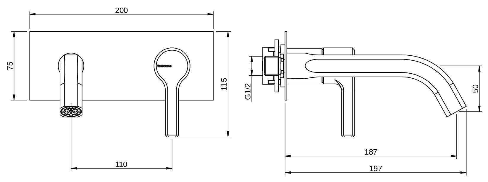 Rubinetterie Treemme 3M Aurelia RWIT 2CA5 CC 01 + RWIT 51A5 ZZ 01 Miscelatore Lavabo a Muro 187 mm 2 Fori 1 Manopola Miscelazione Meccanica Stile Classico Contemporaneo Profondità 197 mm Parte Interna Esterna Incluse Materiale Ottone Finitura Cromata