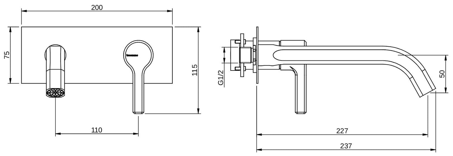 Rubinetterie Treemme 3M Aurelia RWIT 2CA6 CC 01 + RWIT 51A5 ZZ 01 Miscelatore Lavabo a Muro 227 mm 2 Fori 1 Manopola Miscelazione Meccanica Stile Classico Contemporaneo Profondità 237 mm Parte Interna Esterna Incluse Materiale Ottone Finitura Cromata
