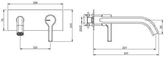 Rubinetterie Treemme 3M Aurelia RWIT 2CA6 CC 01 + RWIT 51A5 ZZ 01 Miscelatore Lavabo a Muro 227 mm 2 Fori 1 Manopola Miscelazione Meccanica Stile Classico Contemporaneo Profondità 237 mm Parte Interna Esterna Incluse Materiale Ottone Finitura Cromata