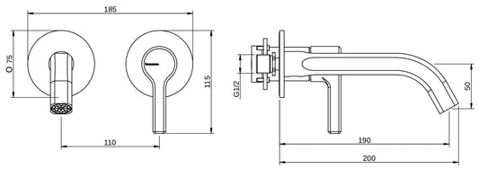Rubinetterie Treemme 3M Aurelia RWIT 2CC5 CC 01 + RWIT 51A5 ZZ 01 Miscelatore Lavabo a Muro 190 mm 2 Fori 1 Manopola Miscelazione Meccanica Stile Classico Contemporaneo Profondità 200 mm Parte Interna Esterna Incluse Materiale Ottone Finitura Cromata