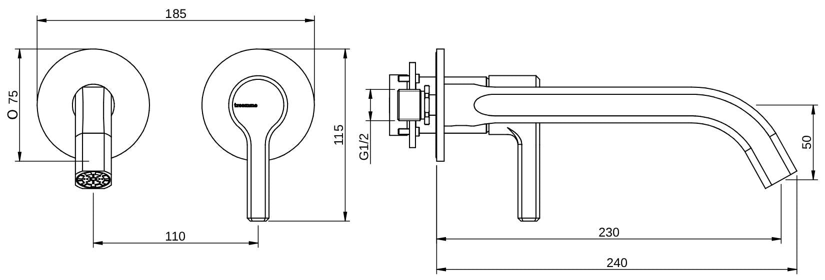 Rubinetterie Treemme 3M Aurelia RWIT 2CC6 CC 01 + RWIT 51A5 ZZ 01 Miscelatore Lavabo a Muro 230 mm 2 Fori 1 Manopola Miscelazione Meccanica Stile Classico Contemporaneo Profondità 240 mm Parte Interna Esterna Incluse Materiale Ottone Finitura Cromata