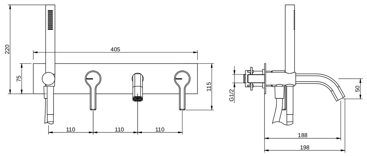 Rubinetterie Treemme 3M Aurelia RWIT 2CD7 CC 01 + RWIT 51D7 ZZ 12 Miscelatore Vasca / Doccia Incasso Muro Meccanico Parte Interna Esterna Inclusa 4 Fori Con Piastra Staffa Cartongesso Ottone Cromato 2 Leve Classico Contemporaneo Doccetta Flessibile