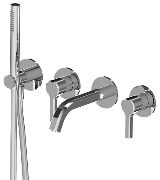 Rubinetterie Treemme 3M Aurelia RWIT 2CD8 CC 01 + RWIT 51D7 ZZ 12 Miscelatore Vasca / Doccia Incasso Muro Meccanico Parte Interna Esterna Incluse 4 Fori Senza Piastra Staffa Cartongesso Ottone Cromato 2 Leve Classico Contemporaneo Doccetta Flessibile