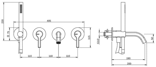 Rubinetterie Treemme 3M Aurelia RWIT 2CD8 CC 01 + RWIT 51D7 ZZ 12 Miscelatore Vasca / Doccia Incasso Muro Meccanico Parte Interna Esterna Incluse 4 Fori Senza Piastra Staffa Cartongesso Ottone Cromato 2 Leve Classico Contemporaneo Doccetta Flessibile