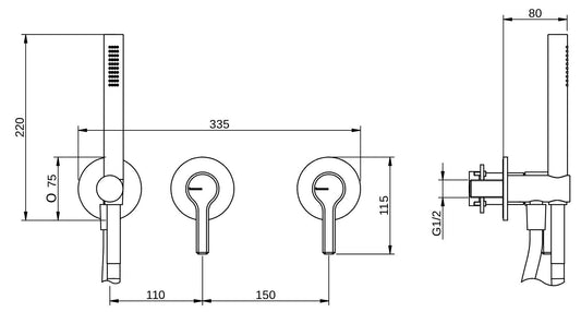 Rubinetterie Treemme 3M Aurelia RWIT 2CD9 CC 01 + RWIT 51D9 ZZ 01 Miscelatore Vasca / Doccia Incasso Muro Meccanico Parte Interna Esterna Incluse 3 Fori Senza Piastra Staffa Cartongesso Ottone Cromato 2 Leve Classico Contemporaneo Doccetta Flessibile