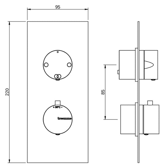 Rubinetterie Treemme 3M Bamboo RWIT 8A46 CC 03 + RWIT 8A46 ZZ 20 Miscelatore Doccia Termostatico Incasso 2 Uscite Parete 2 Fori 2 Manopole Parte Interna Esterna Incluse Stile Moderno Con Piastra Materiale Ottone Finitura Cromata