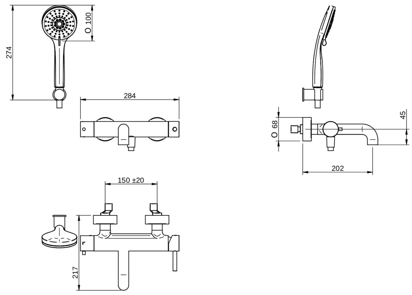 Rubinetterie Treemme 3M Contract Footprint IT 8C00 CC FP ZZ Miscelatore Monocomando Esterno Vasca a Muro Miscelazione Meccanica 3 Fori Ottone Cromato Stile Moderno Gancio ABS Doccetta ABS Flessibile PVC