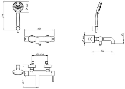 Rubinetterie Treemme 3M Contract Footprint IT 8C00 CC FP ZZ Miscelatore Monocomando Esterno Vasca a Muro Miscelazione Meccanica 3 Fori Ottone Cromato Stile Moderno Gancio ABS Doccetta ABS Flessibile PVC