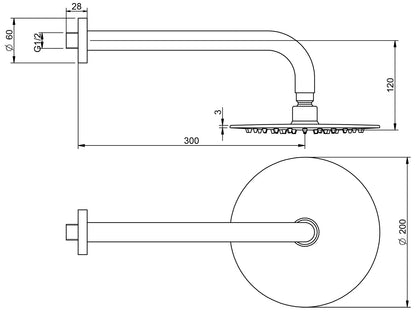 Rubinetterie Treemme 3M Contract Footprint RWIT 4907 CC 06 Soffione Doccia Pioggia A Parete Tondo In Metallo Diametro 200 mm Anticalcare Con Braccio Doccia 300 mm Stile Moderno Materiale Ottone Finitura Cromata