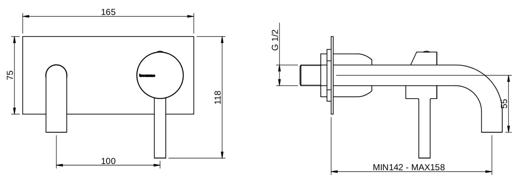 Rubinetterie Treemme 3M Contract Footprint RWIT 8C51 CC 01 + RWIT 7C51 ZZ 04 Miscelatore Lavabo Incasso Muro 158 mm 2 Fori 1 Manopola Miscelazione Meccanica Con Piastra Stile Moderno Profondità 158 mm Parte Interna Esterna Incluse Ottone Cromata