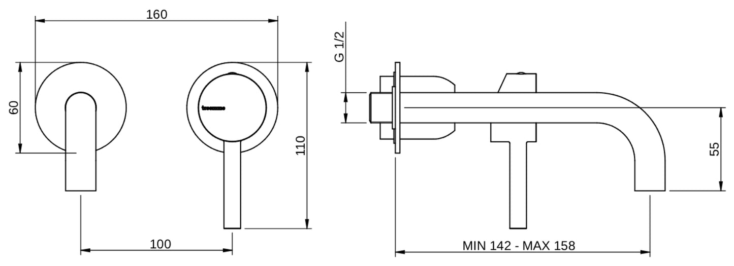 Rubinetterie Treemme 3M Contract Footprint RWIT 8C75 CC 01 + RWIT 7C51 ZZ 04 Miscelatore Lavabo Incasso Muro 158 mm 2 Fori 1 Manopola Miscelazione Meccanica Stile Moderno Profondità 158 mm Parte Interna Esterna Incluse Ottone Cromata