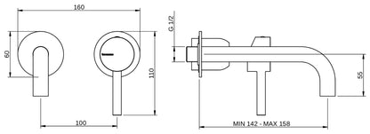Rubinetterie Treemme 3M Contract Footprint RWIT 8C75 CC 01 + RWIT 7C51 ZZ 04 Miscelatore Lavabo Incasso Muro 158 mm 2 Fori 1 Manopola Miscelazione Meccanica Stile Moderno Profondità 158 mm Parte Interna Esterna Incluse Ottone Cromata