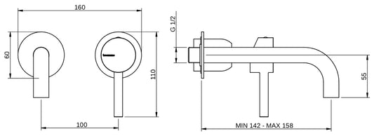 Rubinetterie Treemme 3M Contract Footprint RWIT 8C75 CC 01 + RWIT 7C51 ZZ 04 Miscelatore Lavabo Incasso Muro 158 mm 2 Fori 1 Manopola Miscelazione Meccanica Stile Moderno Profondità 158 mm Parte Interna Esterna Incluse Ottone Cromata