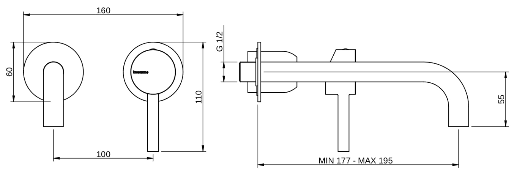 Rubinetterie Treemme 3M Contract Footprint RWIT 8C76 CC 01 + RWIT 7C51 ZZ 04 Miscelatore Lavabo Incasso Muro 195 mm 2 Fori 1 Manopola Miscelazione Meccanica Stile Moderno Profondità 195 mm Parte Interna Esterna Incluse Ottone Cromata