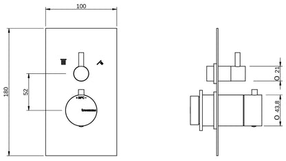 Rubinetterie Treemme 3M Contract Footprint  RWIT 7C46 CC 01 + RWIT 7C46 ZZ 2V Miscelatore Doccia Incasso Parete Deviatore Due Uscite Rotativo Miscelazione Termostatica 2 Fori Manopole Parte Interna Esterna Incluse Stile Moderno Con Piastra Ottone Cromato
